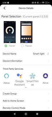Smart lighting control panel theme selection screen Smart light app screen with control panel theme selection and integrations