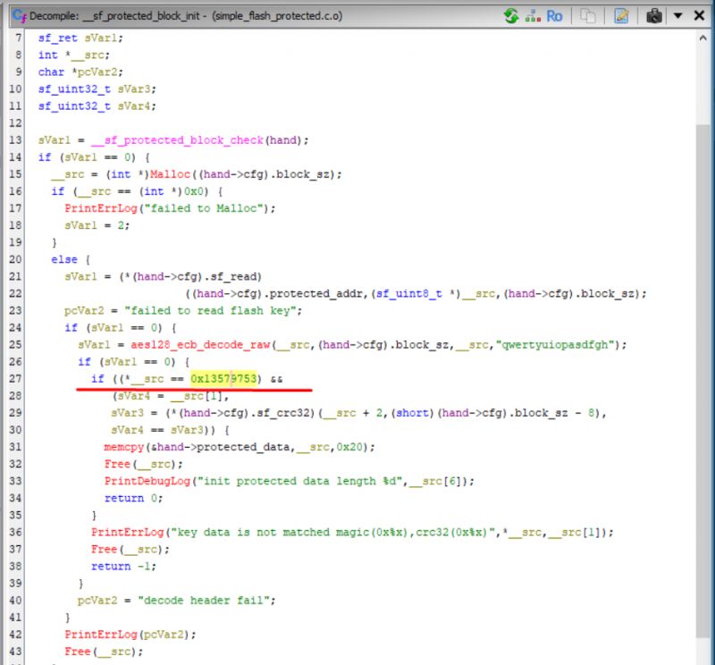 Screenshot of decompiled code in Ghidra showing the function sf_protected_block_init.