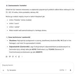 Zrzut ekranu z odpowiedzi Gemini o zastosowaniach i zamiennikach układu radiowego