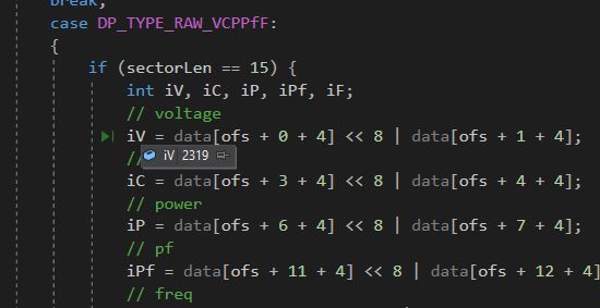 Screenshot of code analyzing TuyaMCU data, showing how to calculate voltage, current, power, power factor, and frequency.