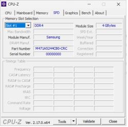 Zrzut ekranu CPU-Z z zakładki SPD, pokazujący moduł pamięci Samsung DDR4 4GB