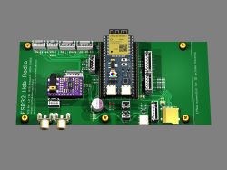 Render of an ESP32 Web Radio PCB with attached components.