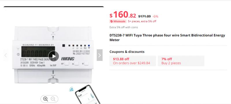 DTS238-7 Energy Meter with Tuya WiFi DTS238-7 three-phase energy meter with WiFi Tuya and display.
