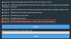 Configuration window with flag options in the OpenBeken interface.