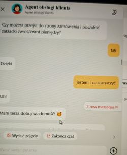 Zrzut ekranu rozmowy z agentem obsługi klienta na platformie AliExpress.
