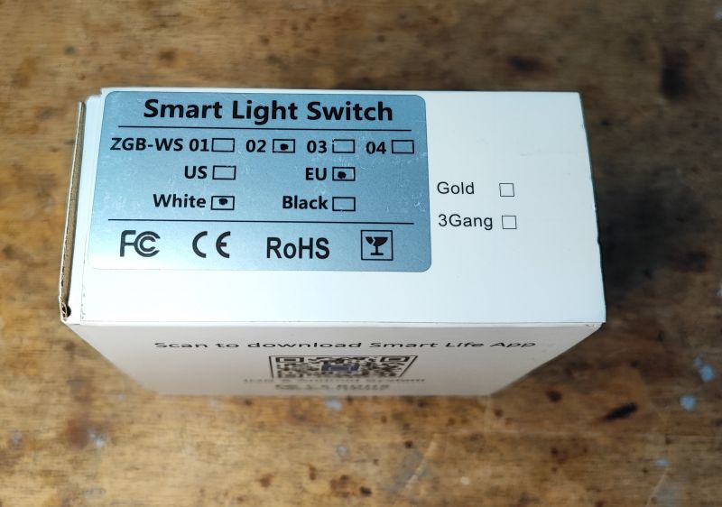 Zigbee Smart Light Switch Packaging Zigbee light switch packaging with technical information.