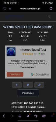 Wynik testu prędkości internetu T-Mobile: 65,58 Mb/s pobierania, 24,71 Mb/s wysyłania