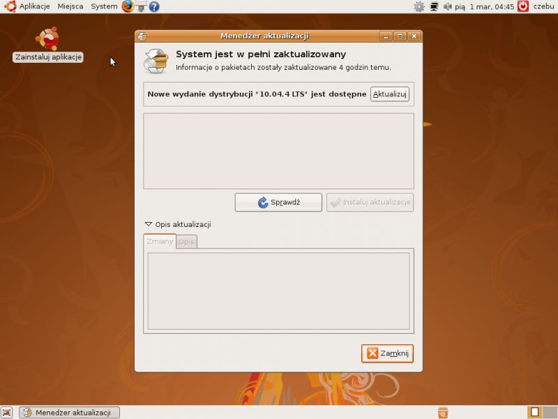 Okno Menedżera aktulizacji w systemie Ubuntu 8.04 z komunikatem o nowej wersji 10.04 LTS.