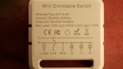 Close-up of a “Mini Dimmable Switch” housing with specifications and wiring diagram