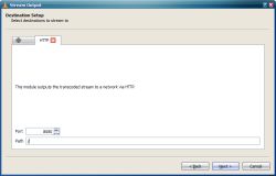 Konfiguracja strumieniowania HTTP w VLC Okno konfiguracji VLC do ustawienia strumieniowania przez HTTP na porcie 8080.
