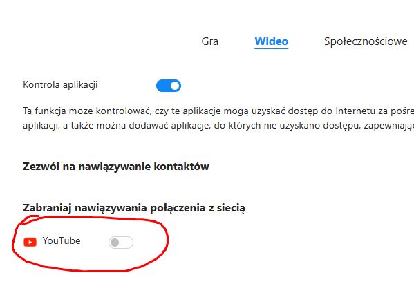 Ustawienie blokowania dostępu do YouTube z wyłączonym przełącznikiem