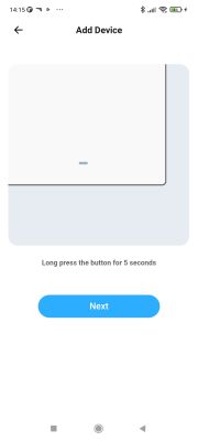 App screen for adding a device, showing instructions to long-press a button for 5 seconds and a blue Next button.
