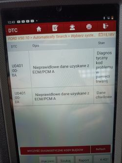 Zrzut ekranu z urządzenia diagnostycznego pokazujący błędy U0401 w Ford Transit 2018.