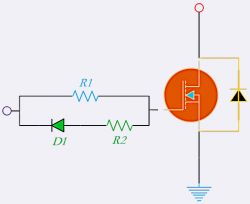 MOSFET Switching Circuit Diagram Circuit diagram with MOSFET and resistors R1 and R2.