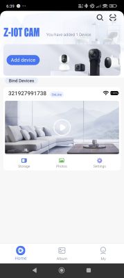 Z-IOT CAM app screen with one online device and a camera preview of a living room.