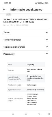 Zrzut ekranu z aukcji zestawu startowego do VW Polo 6N 1.4 MPI, dane i numery katalogowe.