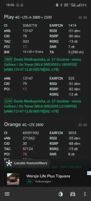 Zrzut ekranu z aplikacji pokazujący szczegóły sygnału sieci Play i Orange LTE w miejscowości Środa Wielkopolska.