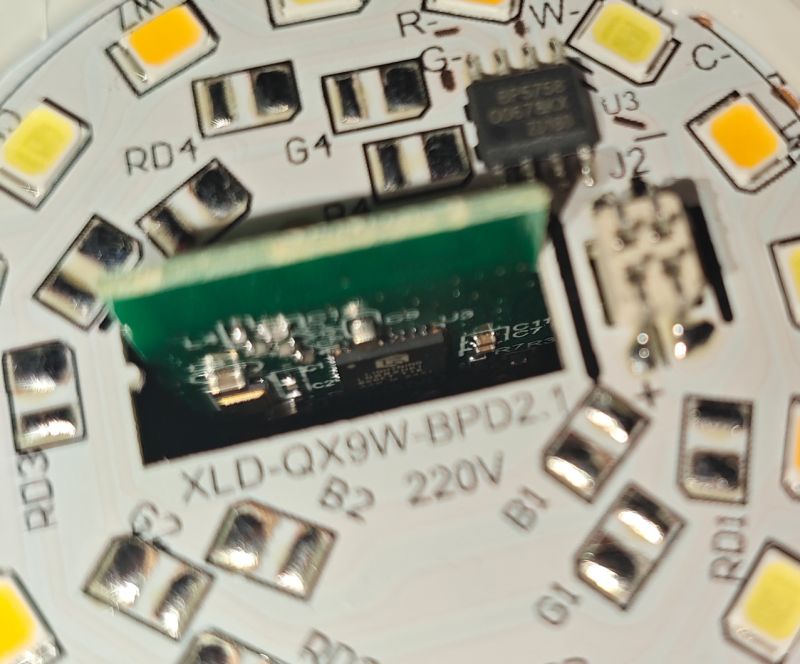 Close-up of a circular LED PCB with SMD diodes and electronic components
