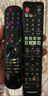 Piloty do telewizorów LG i Samsung z różnymi przyciskami.