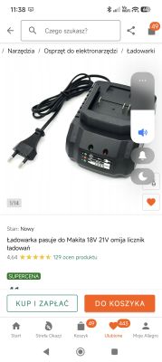 Zrzut ekranu Allegro z ofertą ładowarki do akumulatorów Makita 18V/21V i przyciskami „Kup i zapłać” oraz „Do koszyka”