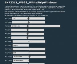 Configuration of BK7231T_WB3S module pins with assigned channels and roles for each pin.