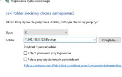 Windows Network Drive Mapping Window Windows network drive mapping window with selected drive letter and network folder address.