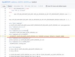 Screenshot of a text editor showing a highlighted build script line related to encryption.