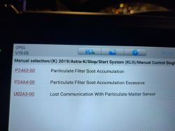 Ekran diagnostyczny pojazdu Opel Astra K z kodami błędów układu wydechowego.