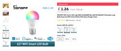 Promotional offer for Sonoff RGB+C+W LED bulb with app control.