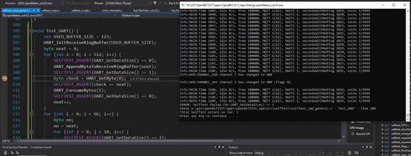 Screenshot of Visual Studio IDE with UART test code and output console showing test failure results.