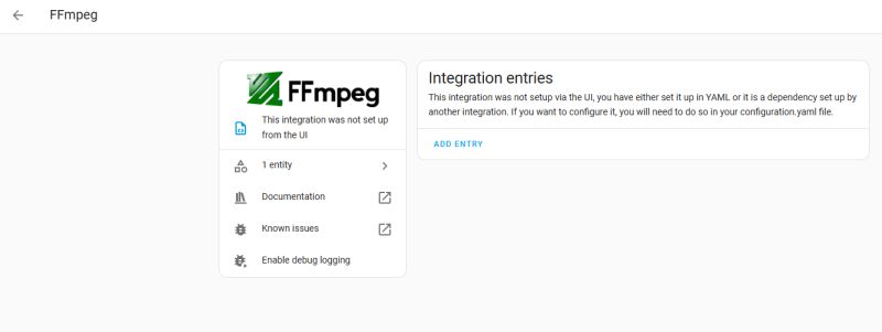 Ekran integracji FFmpeg w interfejsie użytkownika Home Assistant