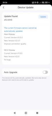 Device update screen showing information about a new software version.