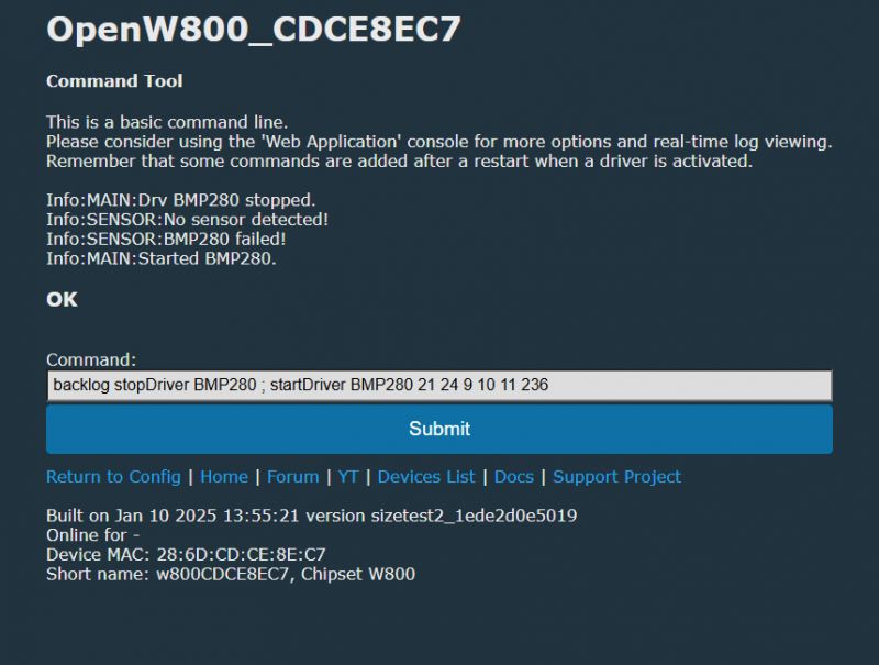 OpenW800 tool interface with BMP280 driver information.