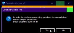Okno dialogowe Defender Control v2.1 z komunikatem o wyłączeniu ochrony manipulacyjnej.