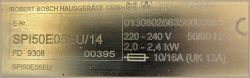 Tabliczka znamionowa zmywarki Bosch SPI50E05EU/14 z danymi technicznymi
