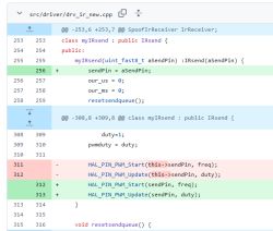 Source code diff showing changes to myIRsend class function in a C++ file.
