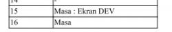 Fragment tabeli z wierszami oznaczonymi jako 15 i 16, z tekstem Masa: Ekran DEV w wierszu 15 i Masa w wierszu 16.