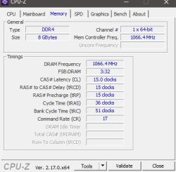 Zakładka „Memory” programu CPU-Z pokazująca szczegóły pamięci DDR4 8 GB przy 1066,4 MHz