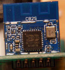Close-up of the CB2S module with a Beken BK7231T microcontroller.