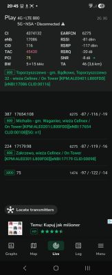 Zrzut ekranu z aplikacji NetMonster pokazujący dane sygnału sieci LTE 800 MHz dla operatora Play
