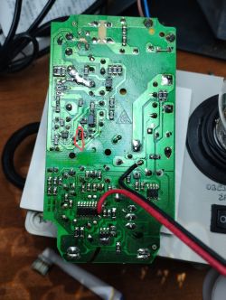 Printed Circuit Board with Highlighted Zener Diode Green printed circuit board with a highlighted diode.