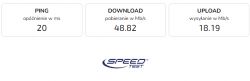 Test prędkości internetu z wynikami ping 20 ms, pobieranie 48.82 Mb/s, wysyłanie 18.19 Mb/s.