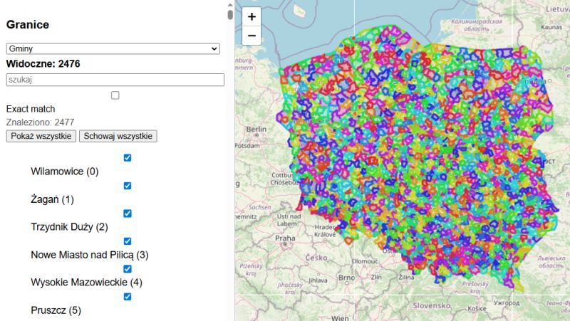 Poland map interface with 2476 municipality boundaries in random colors