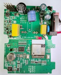 Circuit Board with ESP Module and Components Printed circuit board with various electronic components, including an ESP module, capacitors, and resistors.