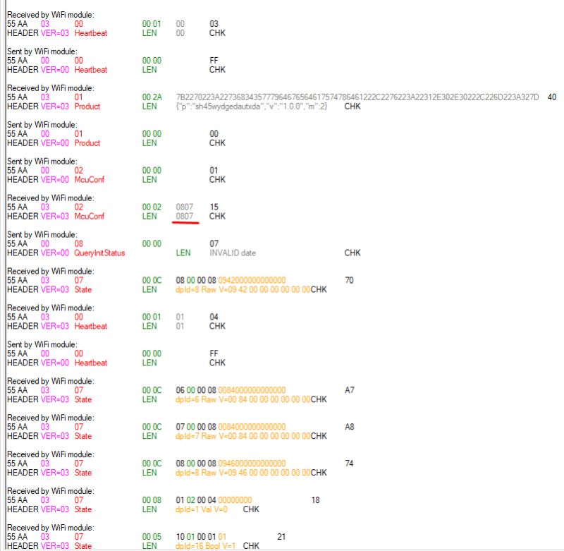 TuyaMCU Communication Analysis Screenshot of communication analysis between WiFi module and MCU.