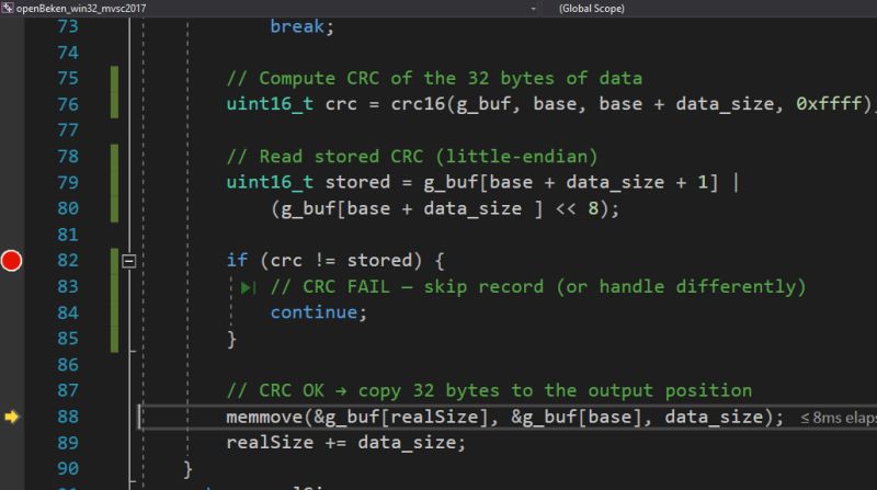 C code verifying CRC and copying data, with memmove() line highlighted.