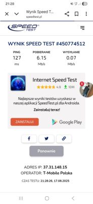 Zrzut ekranu wyników testu prędkości internetu z aplikacji SpeedTest.pl