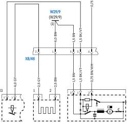 Schemat elektryczny złącz i przewodów modułu W29/9 i złącza X8/46 w aucie Mercedes