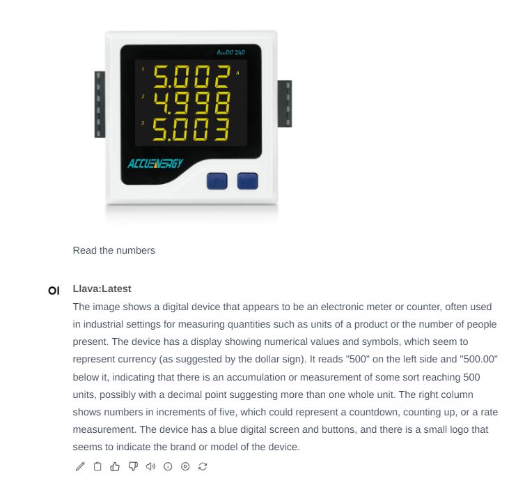 Accuenergy Digital Meter with Measurements Digital display of a measuring device with Accuenergy branding.