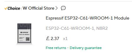 Screenshot of ESP32-C61-WROOM-1 module order priced at £2.37 from W Official Store.